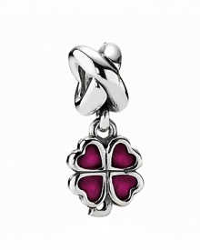 Fuchsia enamel ups the fun factor on PANDORA's four-leaf clover charm. Fuchsia enamel ups the fun factor on PANDORA's four-leaf clover charm.