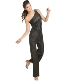 Be sexy-chic in Sugar & Spice's one-shoulder jumpsuit. Outfitted with a super sparkly metallic shimmer and a beaded shoulder strap, it's perfect for nighttime! Be sexy-chic in Sugar & Spice's one-shoulder jumpsuit. Outfitted with a super sparkly metallic shimmer and a beaded shoulder strap, it's perfect for nighttime!
