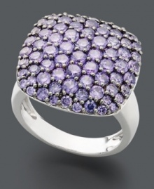 Poised in purple. This knockout cocktail ring features a cushion-cut shape covered with round-cut amethyst (3-1/2 ct. t.w.). Set in sterling silver. Size 7. Poised in purple. This knockout cocktail ring features a cushion-cut shape covered with round-cut amethyst (3-1/2 ct. t.w.). Set in sterling silver. Size 7.