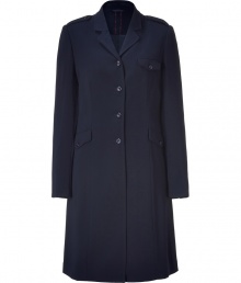 Elegant coat of dark blue synthetic fiber elevates business wear and transitions easily to after hours - Sophisticated, slightly fitted silhouette - Features short, narrow lapels, shoulder bars, flap pockets and button front - Wear with anything from pencil skirts to skinny jeans and everything in between - Style with a brightly-colored silk scarf and driving gloves Elegant coat of dark blue synthetic fiber elevates business wear and transitions easily to after hours - Sophisticated, slightly fitted silhouette - Features short, narrow lapels, shoulder bars, flap pockets and button front - Wear with anything from pencil skirts to skinny jeans and everything in between - Style with a brightly-colored silk scarf and driving gloves