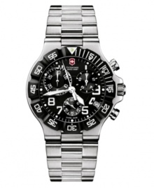 You'll love this top-quality timepiece by Victorinox Swiss Army. Stainless steel bracelet with diver extension and round case with screw-in case back. Unidirectional rotating bezel with second markers. Chronograph black dial with logo, date window, white numerals and three subdials. Swiss movement. Swiss made. Water resistant to 100 meters. Three-year limited warranty.