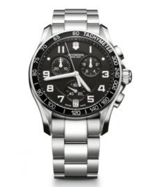 Classic with an edge. Push boundaries with this handsome watch by Victorinox Swiss Army. Stainless steel bracelet and round case with anti-reflective sapphire crystal. Black crystal with tachymeter scale in black. Black chronograph dial features applied luminous numerals, date window at six o'clock, three subdials, luminous hands and logo. Swiss quartz movement. Water resistant to 100 meters. Three-year limited warranty. Classic with an edge. Push boundaries with this handsome watch by Victorinox Swiss Army. Stainless steel bracelet and round case with anti-reflective sapphire crystal. Black crystal with tachymeter scale in black. Black chronograph dial features applied luminous numerals, date window at six o'clock, three subdials, luminous hands and logo. Swiss quartz movement. Water resistant to 100 meters. Three-year limited warranty.