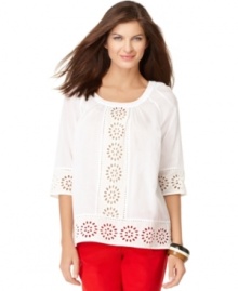 Jones New York Signature crafts this petite top with eyelet-style cutout details for a fresh spring spin. Try pairing with dark denim and wedges or skinny colored ankle pants and your favorite flats! Jones New York Signature crafts this petite top with eyelet-style cutout details for a fresh spring spin. Try pairing with dark denim and wedges or skinny colored ankle pants and your favorite flats!