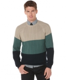Layer your layers. Colorblocked stripes make this Perry Ellis a first-rate fall sweater from Perry Ellis. Layer your layers. Colorblocked stripes make this Perry Ellis a first-rate fall sweater from Perry Ellis.