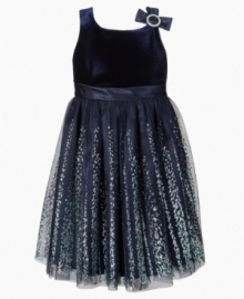 Shimmer and shake. The glittery sequins on the skirt of this dress from Bloome give her a sweet, eye-catching look. Shimmer and shake. The glittery sequins on the skirt of this dress from Bloome give her a sweet, eye-catching look.