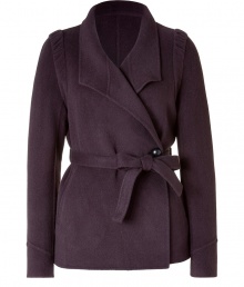 Luxurious jacket made ​.​.from a fine wool-angora blend - Beautiful, autumn purple - Cut slim and comfortably long - Fashionable wrap look with accentuating belted waist - Moderately deep lapels and button closure - Elegant, casual, tremendously flattering - Awesome jacket for fall, pairs with jeans, maxi skirts, a pants suit or leather pants