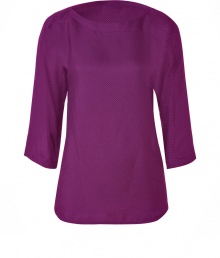 Understated, feminine style is yours with this purple tunic of pure, textured silk - Narrow waist with wide, round neck and 3/4-length sleeves - Cut is slightly longer at back and front - Favorite top for business with black suit pants and peep toe heels, or for an evening out with leather pants, tube skirts or skinny jeans and sandals