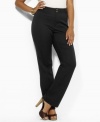 Rendered in sleek stretch cotton twill, these Lauren by Ralph Lauren plus size pants channel modern sophistication in a slim-fitting silhouette with a sleek, straight leg. (Clearance)