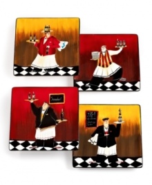 At your service, Bistro salad plates combine serious durability with a sense of humor. An illustrated waitstaff keeps the wine coming, creating a festive atmosphere around any casual table. At your service, Bistro salad plates combine serious durability with a sense of humor. An illustrated waitstaff keeps the wine coming, creating a festive atmosphere around any casual table.