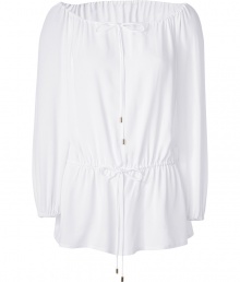 The traditional peasant blouse goes ultra-luxe with this chic silk version from Michael Kors - Wide bateau neckline with drawstring, long sleeves, drawstring waist, semi-sheer - Loosely draped silhouette - Style with slim jeans or a maxi skirt