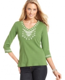 Rhinestones and a brilliantly embroidered pattern upgrade this petite top from JM Collection. Pair with your favorite jeans for a great weekend look. Rhinestones and a brilliantly embroidered pattern upgrade this petite top from JM Collection. Pair with your favorite jeans for a great weekend look.