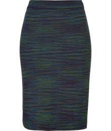 Sumptuous Italian knits and playfully elegant patterns lend this richly-hued Missoni skirt an enduring appeal - Flattering medium rise pencil cut hits above the knee - Slip on style, with a banded waist and decorative kick pleats at rear - Pair with a solid tunic top or a button down blouse and heels or ballet flats