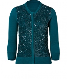 Shimmer into autumnal elegance in LWren Scotts rich petrol 3/4 sleeve cardigan, intricately embellished with sparkly tonal sequins for an exquisitely glamorous finish - Rounded neckline, 3/4 sleeves, fine ribbed trim, hidden snapped front with velvet panel - Feminine slim fit - Team with sleek sheaths for work, or dress up with pretty cocktail dresses and a dusting of sparkly fine jewelry Shimmer into autumnal elegance in LWren Scotts rich petrol 3/4 sleeve cardigan, intricately embellished with sparkly tonal sequins for an exquisitely glamorous finish - Rounded neckline, 3/4 sleeves, fine ribbed trim, hidden snapped front with velvet panel - Feminine slim fit - Team with sleek sheaths for work, or dress up with pretty cocktail dresses and a dusting of sparkly fine jewelry
