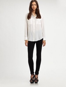 The sleek, look of leather in a skinny jean style with exposed front zipper.Zip-flyRise, about 8Inseam, about 2875% viscose/20% nylon/5% spandexDry cleanMade in USA of imported fabricModel shown is 5'11 (180cm) wearing US size 4. The sleek, look of leather in a skinny jean style with exposed front zipper.Zip-flyRise, about 8Inseam, about 2875% viscose/20% nylon/5% spandexDry cleanMade in USA of imported fabricModel shown is 5'11 (180cm) wearing US size 4.
