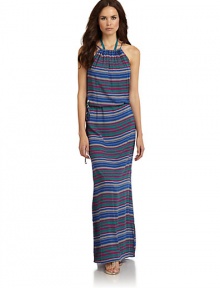 THE LOOKStripe print, alloverString tie at neckCinched waist with drawstring tie closureTHE FITAbout 61 from shoulder to hemTHE MATERIALViscoseCARE & ORIGINHand washImported THE LOOKStripe print, alloverString tie at neckCinched waist with drawstring tie closureTHE FITAbout 61 from shoulder to hemTHE MATERIALViscoseCARE & ORIGINHand washImported