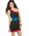 Multicolor trims and a mesh inset add loads of fun to this fitted, hot-mama dress from Rampage!