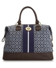 Pretty, preppy and poised, this stunning signature design by Tommy Hilfiger will keep your style on point all year round. Contrast trim, signature goldtone hardware and a striped center design accent this gorgeous look. Pretty, preppy and poised, this stunning signature design by Tommy Hilfiger will keep your style on point all year round. Contrast trim, signature goldtone hardware and a striped center design accent this gorgeous look.