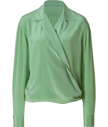 Luxurious, long-sleeved top in pistachio-colored washed silk - Elegant and flattering with wrap-look front, small collar and feminine draping - Favorite top for the office or evenings out with a pencil skirt, dress pants, and heels, or with a leather mini skirt for after-hours fun