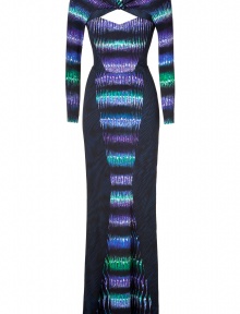 Stunning and statement-making, this dual-print gown from Peter Pilotto effortlessly merges forward-thinking futurism with a classic silhouette - V-neck, long sleeves, cut out paneled bodice with knotted detail, zigzag-printed bodice, sleeves, and front and back panel, open back, fishtail back hem, concealed back zip closure - Fitted figure-hugging silhouette - Wear with sky-high platform heels and an embellished clutch