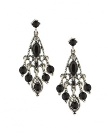 Make a grand entrance in these evening-ready chandelier earrings by 2028. Adorned with an assortment of jet-colored Czech stones, they're set in silver tone mixed metal. Approximate drop: 2 inches. Make a grand entrance in these evening-ready chandelier earrings by 2028. Adorned with an assortment of jet-colored Czech stones, they're set in silver tone mixed metal. Approximate drop: 2 inches.