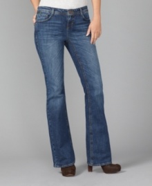 Laid-back style is easy with these jeans from Tommy Hilfiger. A worn-in wash and flared leg offer a rugged edge with lush knits and chunky boots! (Clearance)