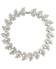 Elegant embellishment. Monet's exquisite collar necklace is not only decorative, but distinguished. Adorned with simulated pearls and glittering glass crystals, it's set in silver tone mixed metal. Approximate length: 16 inches.