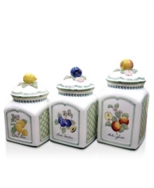 Add a touch of cozy, country warmth to your kitchen with these porcelain canisters from Villeroy & Boch. Fresh summer fruits in sunny hues evoke a bountiful French orchard. Add a touch of cozy, country warmth to your kitchen with these porcelain canisters from Villeroy & Boch. Fresh summer fruits in sunny hues evoke a bountiful French orchard.