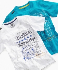 Give his school-day style a lesson with this graphic print t-shirt from Akademiks. Give his school-day style a lesson with this graphic print t-shirt from Akademiks.