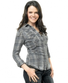 Silver Jeans updates the closet-staple button-down top with an easygoing plaid print and studded, embroidered design! Silver Jeans updates the closet-staple button-down top with an easygoing plaid print and studded, embroidered design!