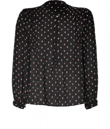 Channel retro-chic style in this ultra feminine printed silk blouse from Juicy Couture - Stand collar, front keyhole opening with crystal button, long sleeves with gathering at cuffs, shirring at shoulders, relaxed silhouette, all-over print - Style with skinny jeans, slim trousers, or a mini skirt