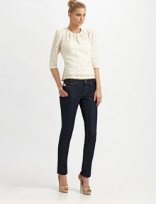 Pretty woven lace defines this elegant topper, finished with airy puffed sleeves.Jewel necklineThree-quarter sleevesGathered bodiceSide buttonsBack keyhole closureAbout 22 from shoulder to hem75% cotton/25% nylonDry cleanMade in USA of imported fabricModel shown is 5'9 (175cm) wearing US size 4. Pretty woven lace defines this elegant topper, finished with airy puffed sleeves.Jewel necklineThree-quarter sleevesGathered bodiceSide buttonsBack keyhole closureAbout 22 from shoulder to hem75% cotton/25% nylonDry cleanMade in USA of imported fabricModel shown is 5'9 (175cm) wearing US size 4.