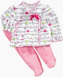 Teach her about the the benefit of details early with this darling ruffled accessory-print shirt and footed pant set from First Impressions. Teach her about the the benefit of details early with this darling ruffled accessory-print shirt and footed pant set from First Impressions.