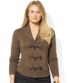 Knit in soft combed cotton, Lauren Ralph Lauren's heritage-inspired plus size cardigan is finished with a shawl collar and handsome fauxleather toggles at the placket Knit in soft combed cotton, Lauren Ralph Lauren's heritage-inspired plus size cardigan is finished with a shawl collar and handsome fauxleather toggles at the placket