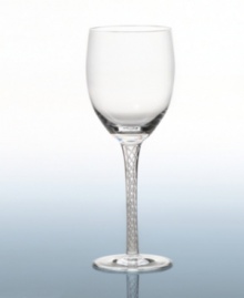 The uniqueness of this stemware lies in the elaborate air twist floating inside the stem. The bold, interlocking design creates a regal look while the traditional shape distinguishes a modern table. The uniqueness of this stemware lies in the elaborate air twist floating inside the stem. The bold, interlocking design creates a regal look while the traditional shape distinguishes a modern table.