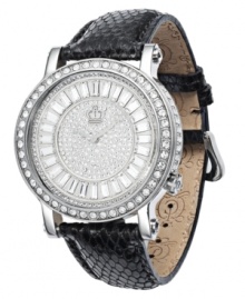 Killer queen: exotic black leather, swirling crystal accents, bold pave stones and Juicy Couture's timeless precision combine to make this Queen Couture collection timepiece a must-own.