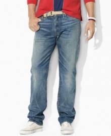 Slightly distressed and faded for authentic character and comfort, this classic-fitting straight-leg jean is the epitome of easy, casual style. Slightly distressed and faded for authentic character and comfort, this classic-fitting straight-leg jean is the epitome of easy, casual style.