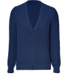 Stylish cardigan in blue, chunky-knit cotton is a favorite piece for everyday comfort and style - Classic silhouette is narrow with v-neck, button placket and long, cuffed sleeves - Easily dresses up a casual look when worn over a favorite tee and jeans or chinos