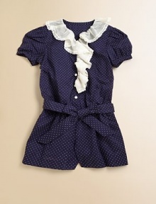 A stylish romper rendered in Swiss-dot cotton is accented with ruffled lace and a sash for the perfect seasonable ensemble.V-neck with ruffled lace trimShort puffed sleevesButton frontElastic waist with self-tie sashBottom snapsStriped ruffles at hemCottonMachine washImported Please note: Number of buttons/snaps may vary depending on size ordered. A stylish romper rendered in Swiss-dot cotton is accented with ruffled lace and a sash for the perfect seasonable ensemble.V-neck with ruffled lace trimShort puffed sleevesButton frontElastic waist with self-tie sashBottom snapsStriped ruffles at hemCottonMachine washImported Please note: Number of buttons/snaps may vary depending on size ordered.