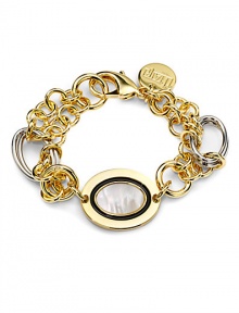 THE LOOKOval bull's eye design and contrasting linksMother of pearl and enamel details18k electroplated gold and stainless steel linksLobster clasp with logo charmTHE MEASUREMENTLength, about 7ORIGINMade in Italy THE LOOKOval bull's eye design and contrasting linksMother of pearl and enamel details18k electroplated gold and stainless steel linksLobster clasp with logo charmTHE MEASUREMENTLength, about 7ORIGINMade in Italy