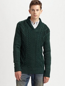 A seasonal look that is both smart and sophisticated, this chunky pullover is knitted to perfection with great detail in superior wool.Shawl collarRibbed knit collar, cuffs and hemWoolDry cleanImported A seasonal look that is both smart and sophisticated, this chunky pullover is knitted to perfection with great detail in superior wool.Shawl collarRibbed knit collar, cuffs and hemWoolDry cleanImported