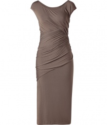 Luxurious dress in fine taupe stretch viscose - Wonderfully soft, flattering jersey quality - A modern classic from the Donna Karan Collection - A smashing dress with ultra elegant, figure-flattering draping, molds a dream silhouette - Feminine scoop neckline, short cap sleeves - Slim, draped to the body with a sexy fitted waist - In classic pencil length, just above the knee - A very special dress for very special occasions, from cocktail parties to galas - A favorite dress for style-conscious fashionistas who want to stand out discreetly - Wear with exclusive pumps or sandals