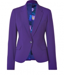 A structured blazer adds a touch of tailored chic to any wardrobe, and this purple jacket from Paul Smith positively pops - Slim, feminine cut tapers through waist - Small collar and medium width lapels - Elegant, single button closure and two flap pockets - Vent at rear - Lush, floral print lining in rich shades of violet and blue - Seamlessly transitions from work to evening cocktails, parties and dinners - Pair with leather pants or pencil skirts, skinny dark denim or suit trousers