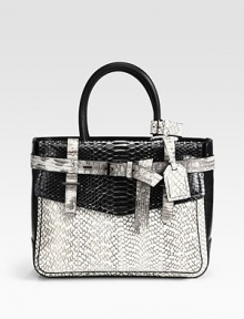 Structured python, cobra and tejus silhouette with a wrap-around belt and tailored accents. Double top handles, 5½ dropFront flap pocketBack pocket with snap closureTwo inside zip pocketsTwo inside open pocketsCotton lining12¾W X 10H X 4DImported Structured python, cobra and tejus silhouette with a wrap-around belt and tailored accents. Double top handles, 5½ dropFront flap pocketBack pocket with snap closureTwo inside zip pocketsTwo inside open pocketsCotton lining12¾W X 10H X 4DImported