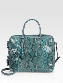 Python skin updates this structured silhouette finished with dual straps and silvertone hardware.Double top handles, 4 drop Detachable, adjustable shoulder strap, 15-20 drop Top zip closure Protective metal feet One inside zip pocket Three inside open pockets Leather lining 13W X 11½H X 3D Made in Italy Python skin updates this structured silhouette finished with dual straps and silvertone hardware.Double top handles, 4 drop Detachable, adjustable shoulder strap, 15-20 drop Top zip closure Protective metal feet One inside zip pocket Three inside open pockets Leather lining 13W X 11½H X 3D Made in Italy
