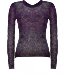 The perfect companion to trend-favorite leather leggings, Theyskens Theorys gauzy knit pullover counts as a modern must-have - Rounded neckline in front, V-neckline in back, raw edges, slightly longer back hemline - Layer over a neon bra top to play up soft lilac and turquoise coloring