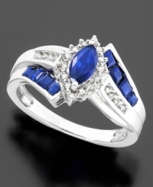 Stunning marquis-cut sapphires (1-1/5 ct. t.w.) are prominently displayed amongst glistening diamond accents on this beautiful sterling silver ring. Stunning marquis-cut sapphires (1-1/5 ct. t.w.) are prominently displayed amongst glistening diamond accents on this beautiful sterling silver ring.