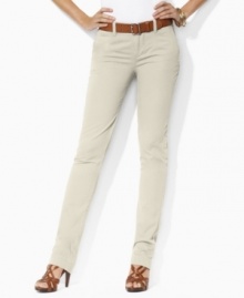 The epitome of contemporary style and comfort, Lauren Jeans Co.'s chic  chino is rendered in a soft stretch cotton blend with a straight-leg silhouette.