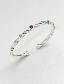 From the Renaissance Collection. An artistic style with faceted amethyst and smooth turquoise set on a sterling silver cable design accented in radiant 18k gold. Sterling silver18 goldAmethyst and turquoiseDiameter, about 2.5Slip-on styleImported From the Renaissance Collection. An artistic style with faceted amethyst and smooth turquoise set on a sterling silver cable design accented in radiant 18k gold. Sterling silver18 goldAmethyst and turquoiseDiameter, about 2.5Slip-on styleImported
