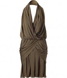 Luxurious dress in fine olive viscose blend - Tremendously feminine cut with sexy draping - Elegant details: halter neck, deep V-d?collet? and mini short, skirt springs up in soft folds - An ultra highlight piece for glamorous parties and events - Wear with platform sandals and an exclusive clutch