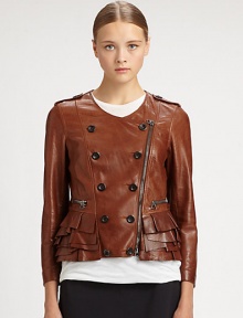 Tap into the feminine aesthetic with this supple leather jacket, styled with a double-breasted front, tiered ruffle hem and motorcycle-inspired details. RoundneckEpauletsDouble-breasted button frontAsymmetrical zipperLong sleeves with zip cuffsZippered slash pocketsTiered ruffle hemSilk liningLeatherDry clean with leather specialistImported of Italian fabricModel shown is 5'10 (177cm) wearing US size 4.